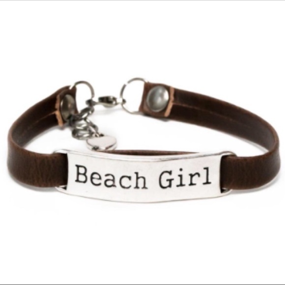 🏖️ BOHO BROWN LEATHER BRACELET WITH STAINLESS STEEL SLIDE ENGRAVED “BEACH GIRL” - Picture 2 of 10
